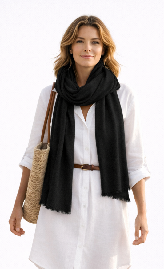 Solid Colour Merino Wool Silk Scarf- Black