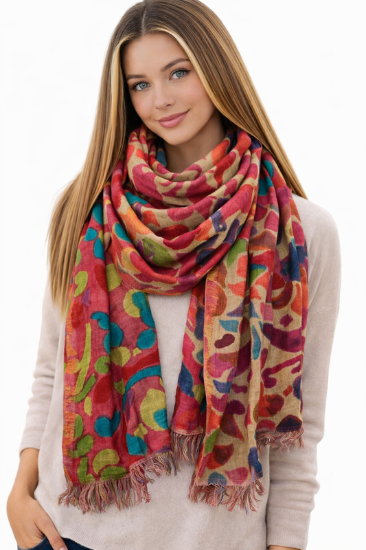 Crimson Garden Hand-Painted Merino Wool Designer Scarf