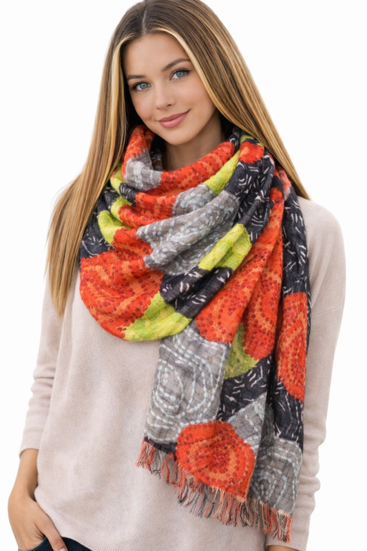 Modern Tribal Bloom Digital Embroidery Merino Wool Designer Scarf