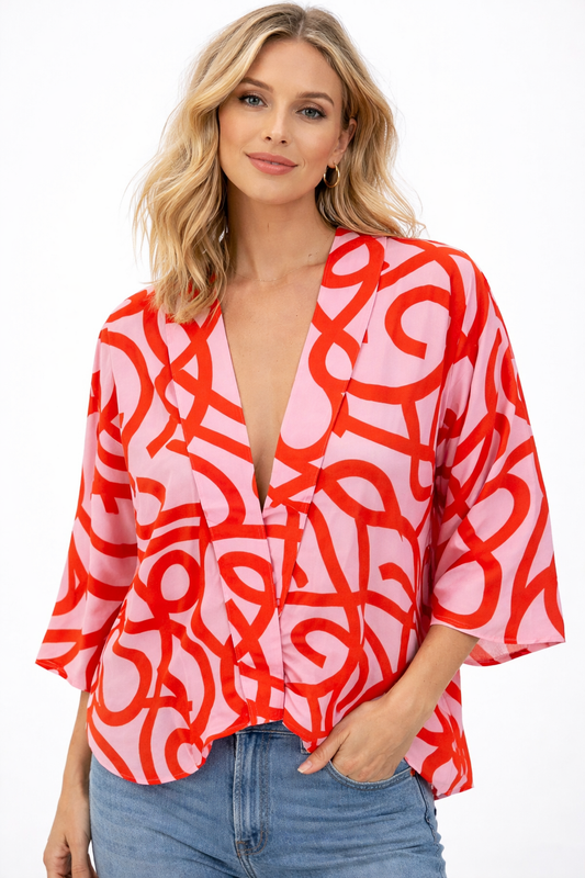 Blush Crimson Abstract Script Cotton Muslin Short Kimono