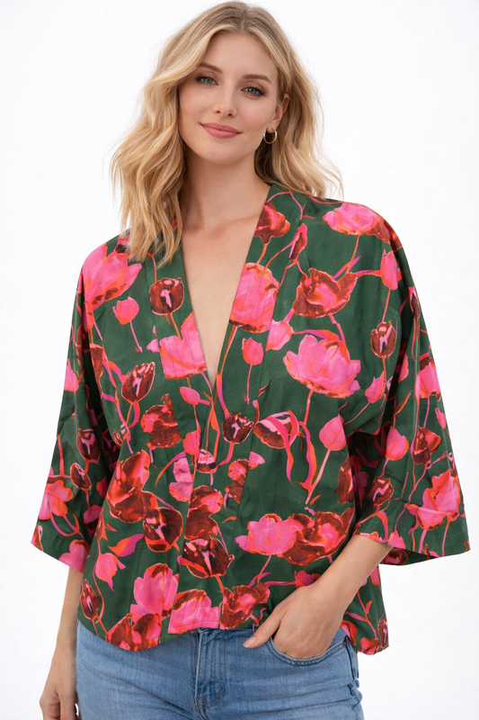Blossom Garden Floral Cotton Velvet Short Kimono