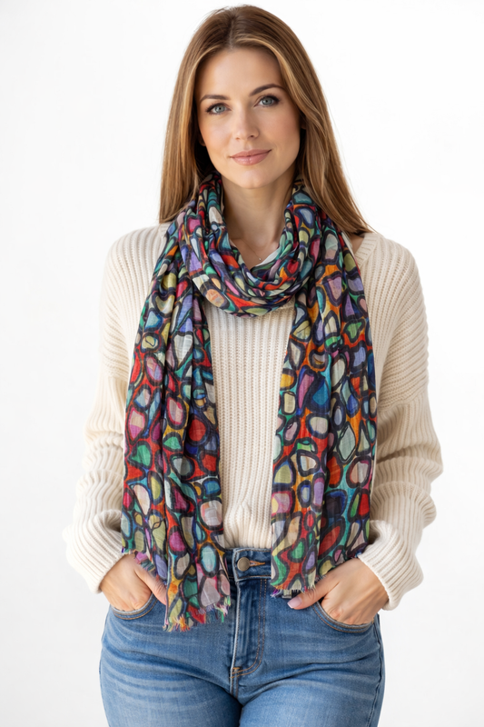 Multicolour Abstract Pebble Print Cotton Modal Scarf