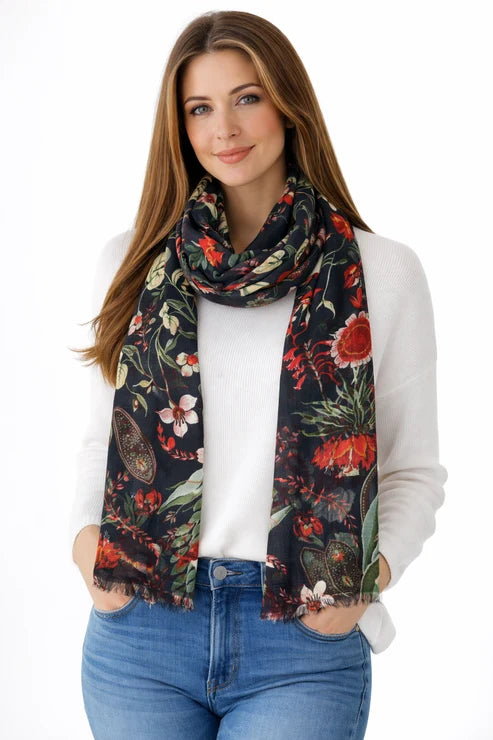 Crimson Native Garden Australian Botanical Floral Scarf – Cashmere Wool Silk Designer Wrap | Black Base