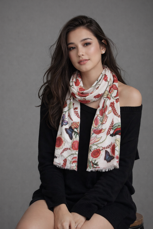Tropical Garden Scarf – Merino  Wool | Red Botanical & Exotic Bird Australian Coastal Print on White