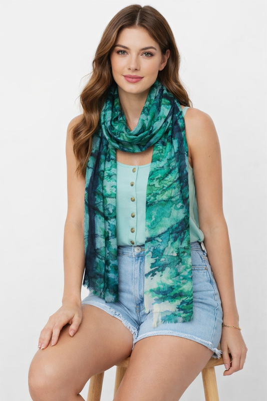 Evergreen Forest Abstract Scarf – Cotton Modal Designer Wrap | Nature Landscape Print
