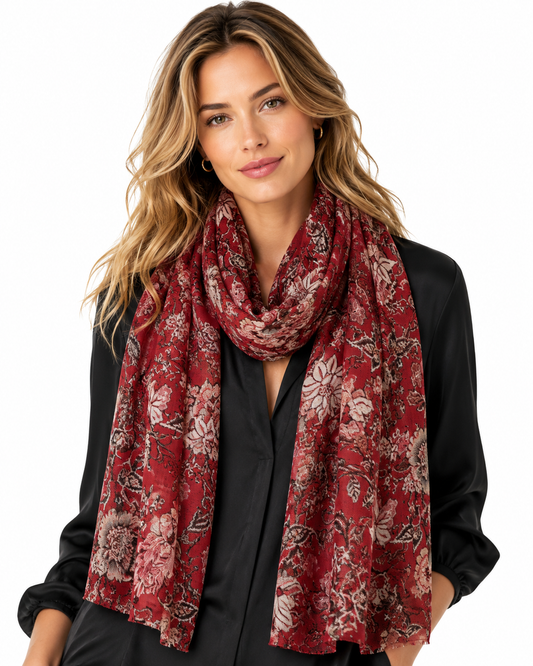 Crimson Heritage Garden – Pure Silk Summer Scarf