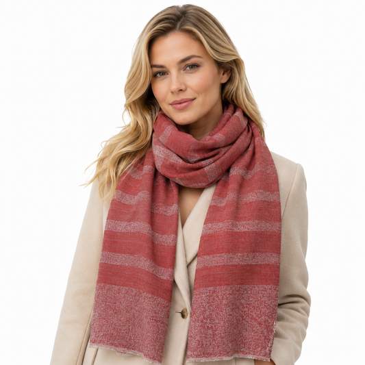 Red striped Jacquard Merino Wool Scarf – Unisex Designer Scarf