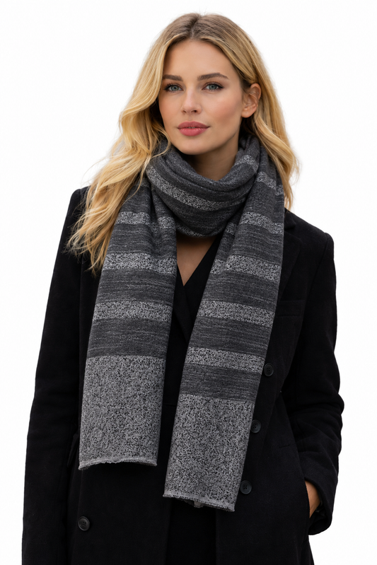 Charcoal Striped Jacquard Merino Wool Scarf – Unisex Designer Scarf