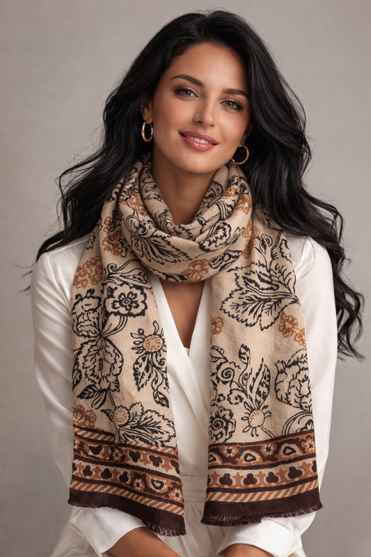Vintage Meadow Botanical Textured Woven Merino Silk Scarf