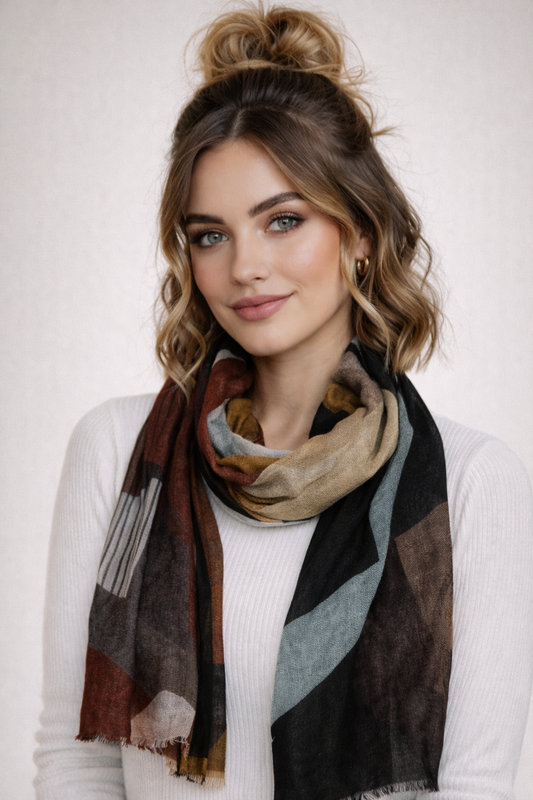 Earthtone Rhythm – Merino Wool Geometric Abstract Scarf