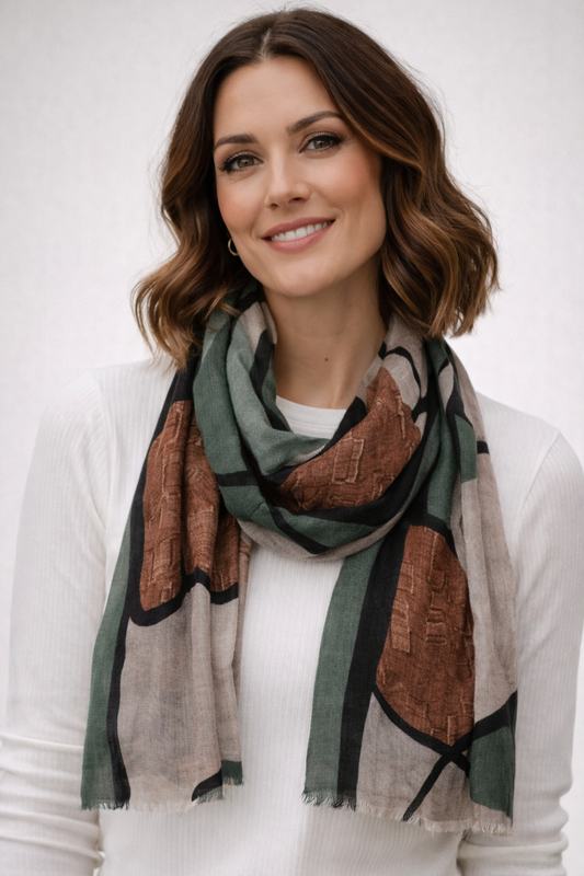 Muted Horizon Lines – Merino Wool Contemporary Abstract Scarf