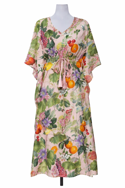 Fruit Print Viscose Crepe Long Kaftan Dress
