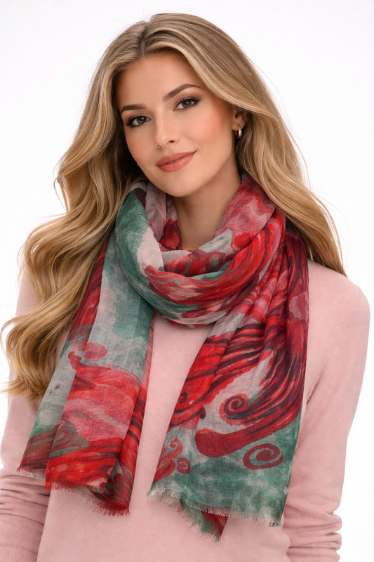 Crimson Sea Fantasy – Merino Wool Artistic Ocean Scarf