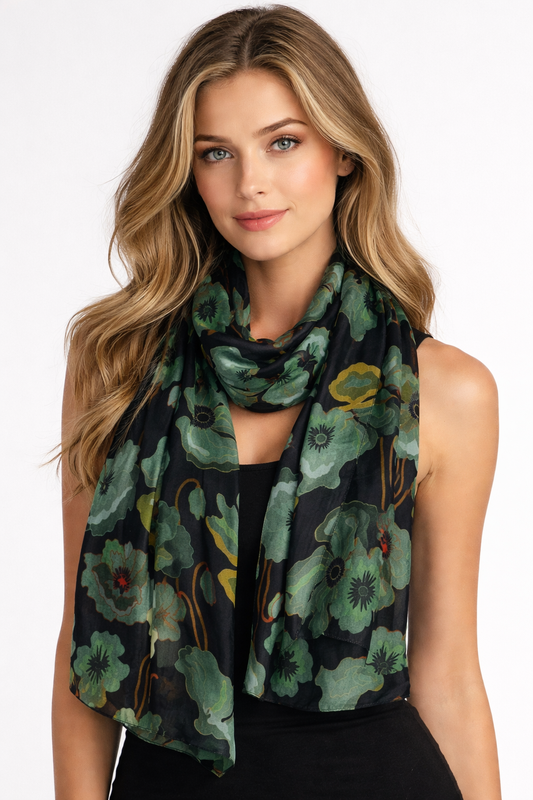 Midnight Bloom Poppies Floral Designer Scarf – Cashmere Wool Wrap | Black & Olive Green Botanical Print