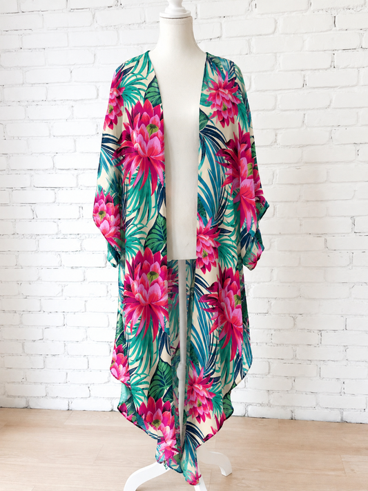 Tropical Lotus Bloom Floral Long Slit Kimono