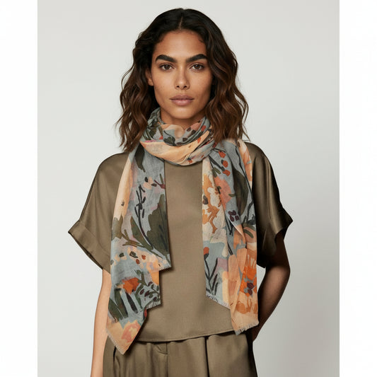 Soft Meadow Bloom Merino Silk Scarf – Hand-Painted Floral Print