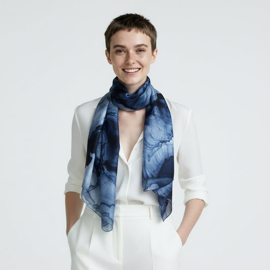 Midnight Marble Abstract Scarf – Pure Silk Designer Wrap | Artistic Geometric Nature Print