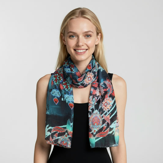 Bohemian Elegance Abstract Scarf – Modal Silk Designer Wrap | Multicolour Ornamental Art Print