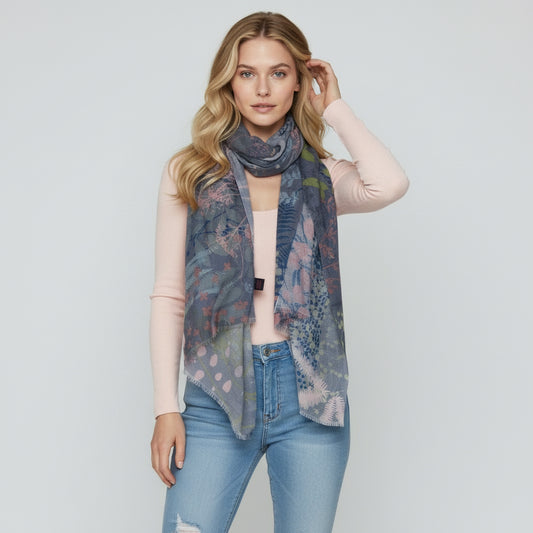 Midnight Fern Botanical Scarf – Fine Merino Wool Designer Wrap | Nature-Inspired Leaf Print