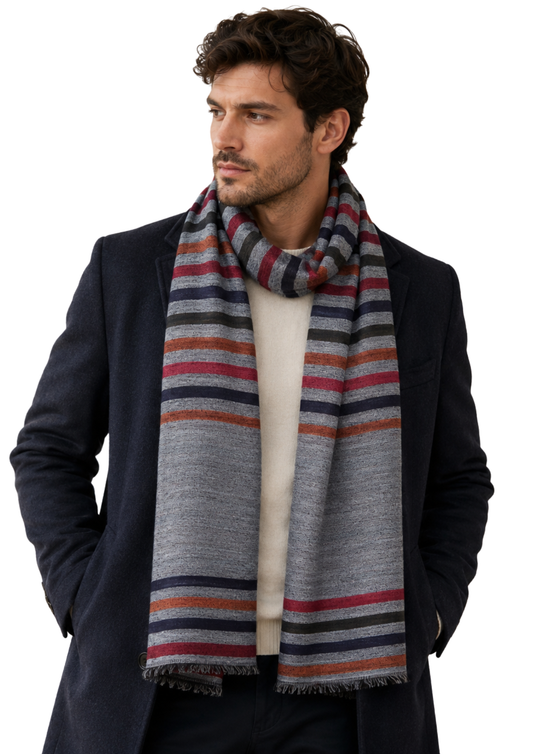 Unisex Horizontal Striped Merino Wool Scarf – Lightweight Soft Winter Wool Wrap