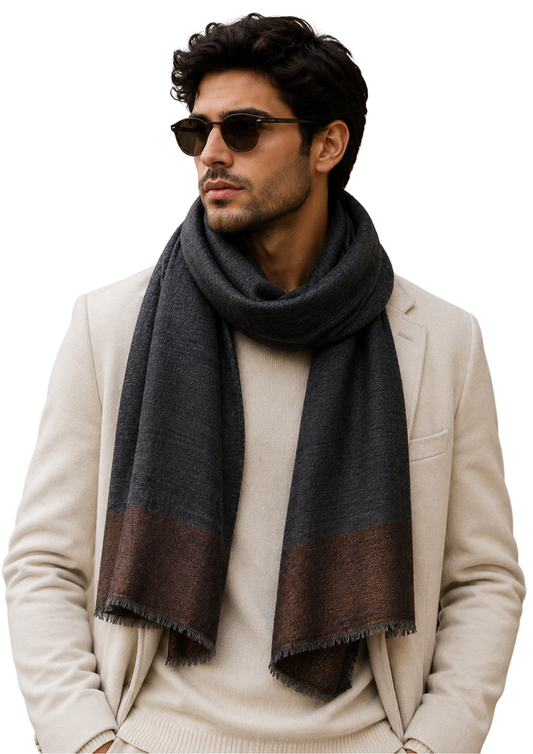 Unisex Black Merino Wool Scarf with Metallic Woven Border – Brown Shimmer Winter Wrap