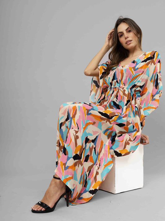 Abstract Viscose Crepe Long Kaftan Dress