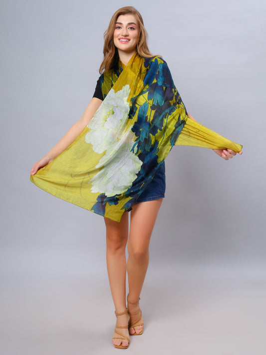 Golden Peony Floral Scarf – Merino Fine Wool Designer Wrap | Artistic Japanese Botanical Print