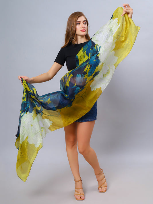 Golden Peony Floral Scarf – Merino Fine Wool Designer Wrap | Artistic Japanese Botanical Print