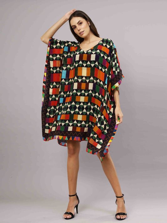 Geometrical Print Long Silk Kaftan