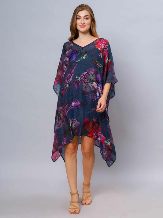 Caftan long en soie à imprimé floral