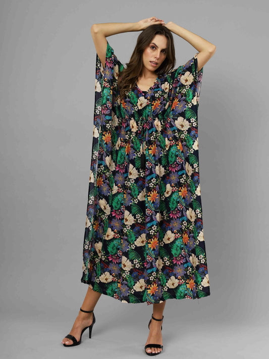 Floral Viscose Crepe Long Kaftan Dress