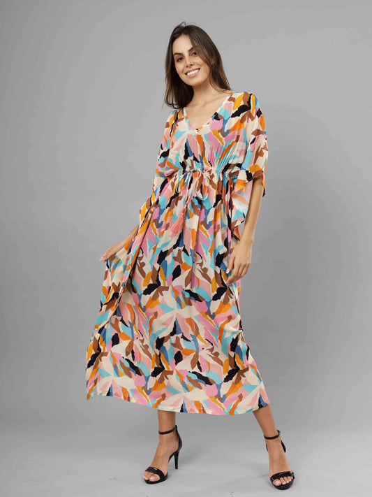 Abstract Viscose Crepe Long Kaftan Dress