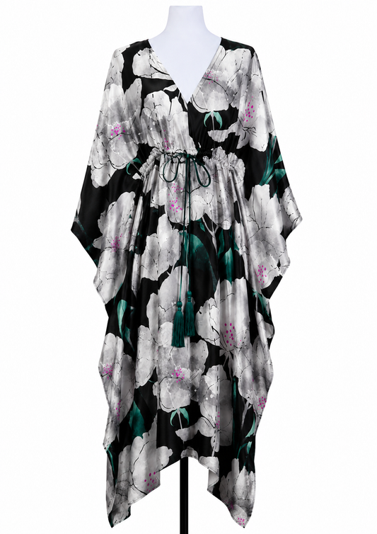 Noir Blossom Floral Viscose Crepe Long Kaftan Dress