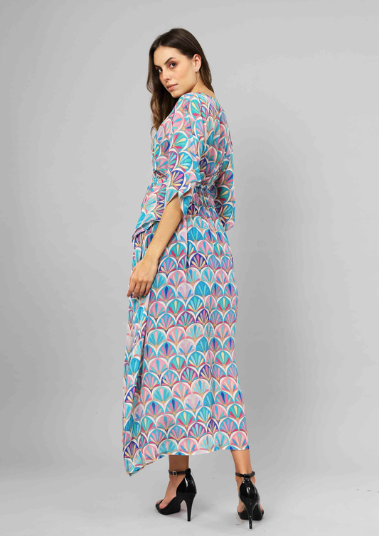 Art Deco Fan Mosaic Viscose Crepe Long Kaftan Dress