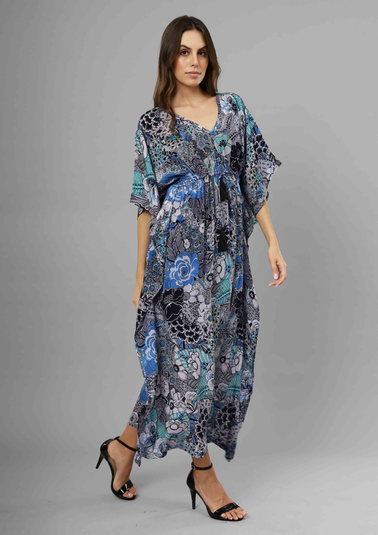 Midnight Bloom Floral Viscose Crepe Long Kaftan Dress