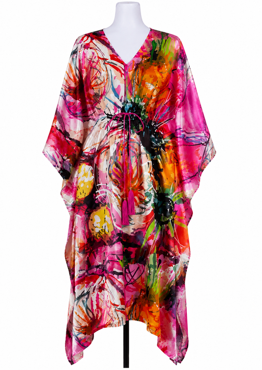Vibrant Bloom Abstract Floral Modal Satin Kaftan Dress