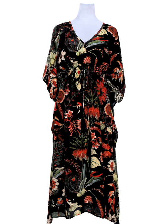 Midnight Botanical Garden Modal Satin Kaftan Dress