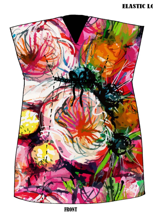 Vibrant Bloom Abstract Floral Modal Satin Kaftan Dress