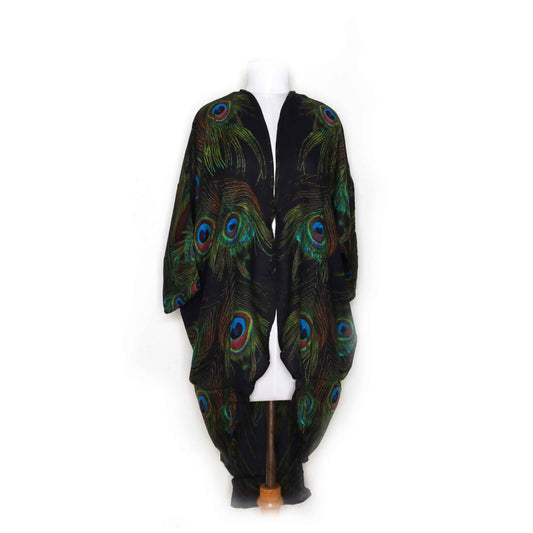 Kimono modal negro con plumas de pavo real