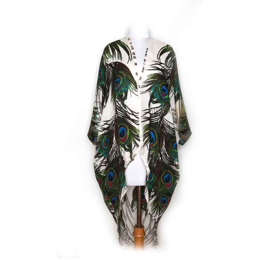 Kimono modal blanco con plumas de pavo real