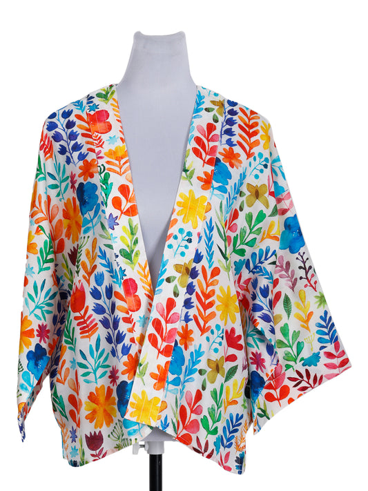 Rainbow Wildflower Garden Short Kimono – Hand-Painted Cotton Velvet Jacket