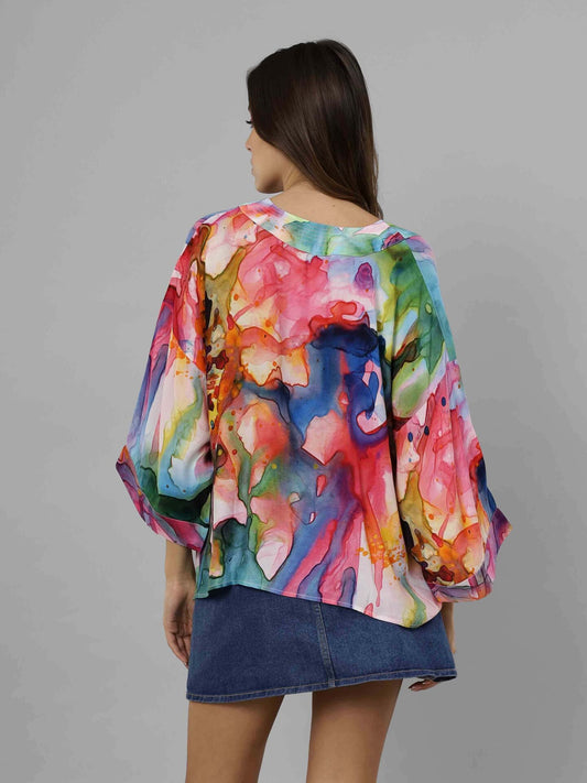 Kimono court en velours de coton abstrait