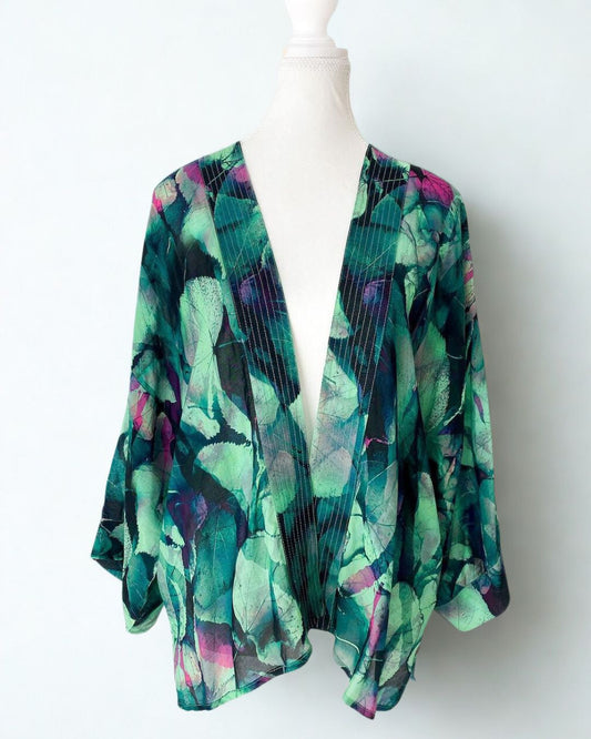 Emerald Forest Whisper Short Kimono – Botanical Cotton Velvet Jacket