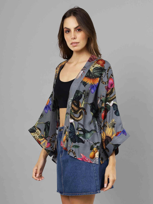 Kimono corto de muselina de algodón con estampado floral