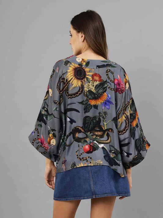 Kimono corto de muselina de algodón con estampado floral