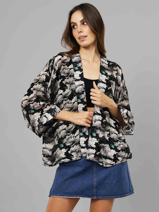 Midnight Ivory Bloom Short Kimono – Vintage Floral Cotton Velvet Jacket