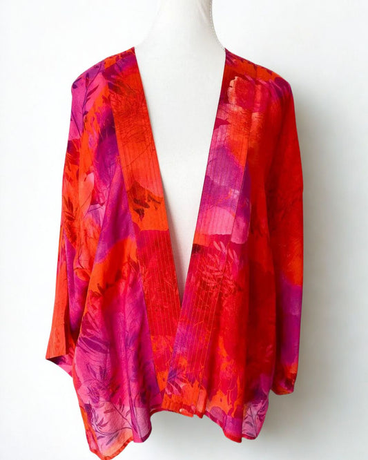 Crimson Sunset Bloom Short Kimono – Abstract Floral Cotton Velvet Jacket