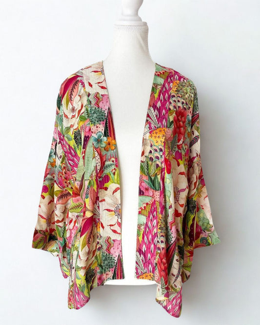Tropical Bloom Garden Short Kimono – Vibrant Floral Cotton Velvet Jacket