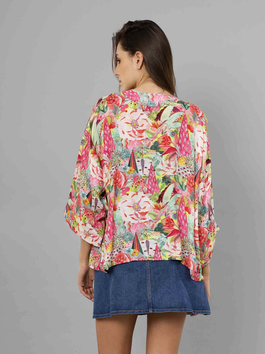 Kimono corto de muselina de algodón con estampado floral