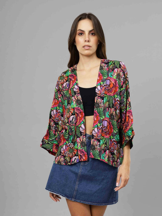 Kimono corto de muselina de algodón con estampado floral